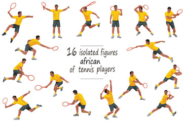 16 figures of dark-skinned tennis players in yellow T-shirts serving, receiving, hitting the ball, standing, jumping and running
