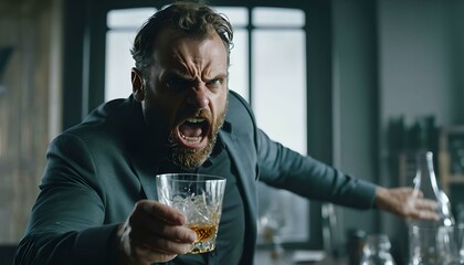 Angry man with glass of alcohol - obrazy, fototapety, plakaty