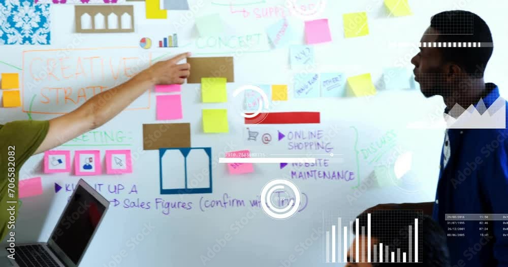 Poster animation of data processing over diverse business people discussing work
