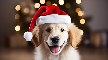 New Year's beautiful dog in Santa's hat.