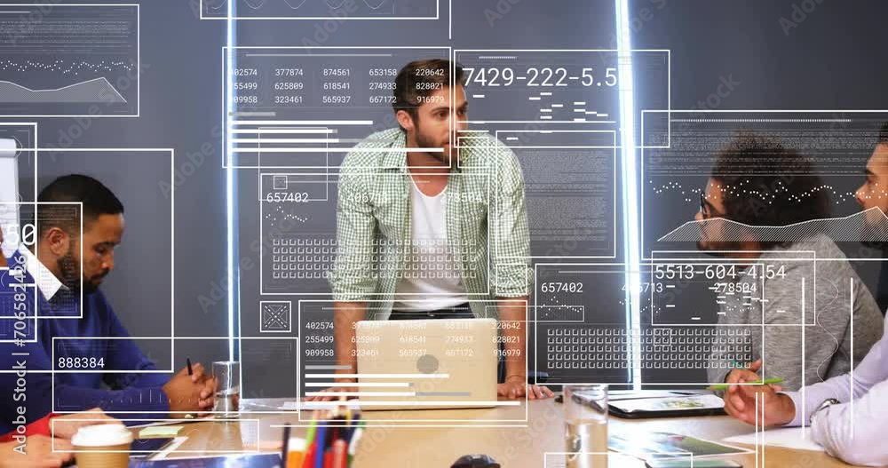 Poster animation of data processing over diverse business people discussing work