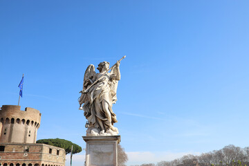 Statue of angel with spear by Domenico Guidi on Sant'Angelo Bridge, Rome, Italy