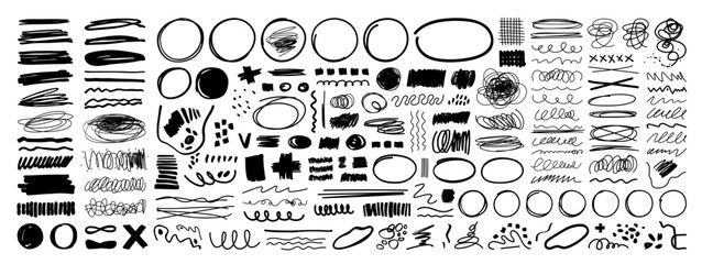 Vector Set of Grungy Black Graphic Elements. Hand drawn Pencil or Marker underlines and strikethrough, scribble emphasis lines, circles, ovals and crosses. All Elements are grouped and isolated. - obrazy, fototapety, plakaty