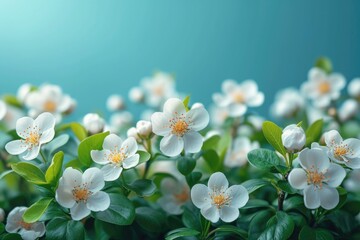White flowers of jasmine on a background of green leaves.