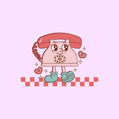 cute retro illustration of vintage telephone for lovers, retro character of antique telephone
