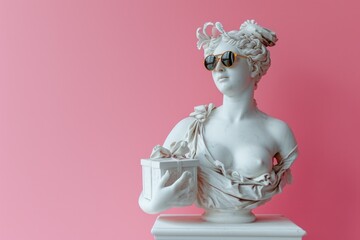 Sculpture of Aphrodite wearing sunglasses with a gift in her hand on a pink background.