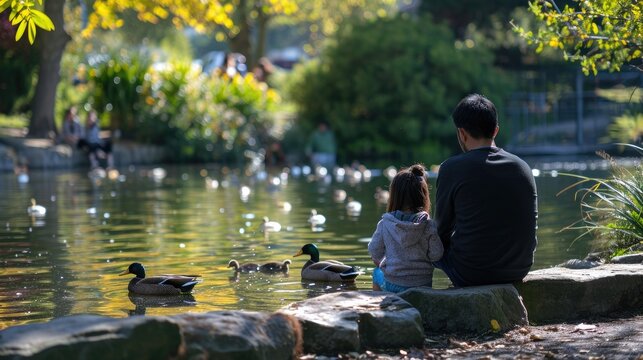 Feeding Ducks at Pond with Dad