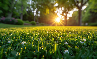Obraz premium Morning sunlight glimmers on dew-kissed grass in a serene garden setting during early hours of a tranquil spring day