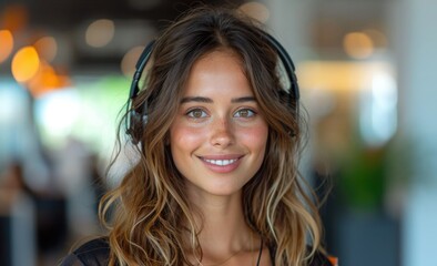 Fototapeta premium Smiling woman with headphones at a modern workspace enjoying her work atmosphere while interacting with colleagues in a lively environment
