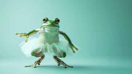 Green frog in tutu skirt on the pastel background. 29 february leap year day concept