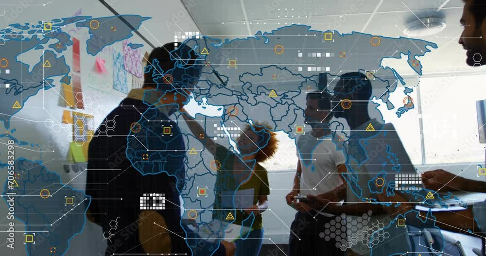Aufkleber animation of data processing and world map over diverse business people discussing work