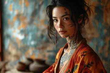 woman with tattoos in a robe in the style of figured canvas