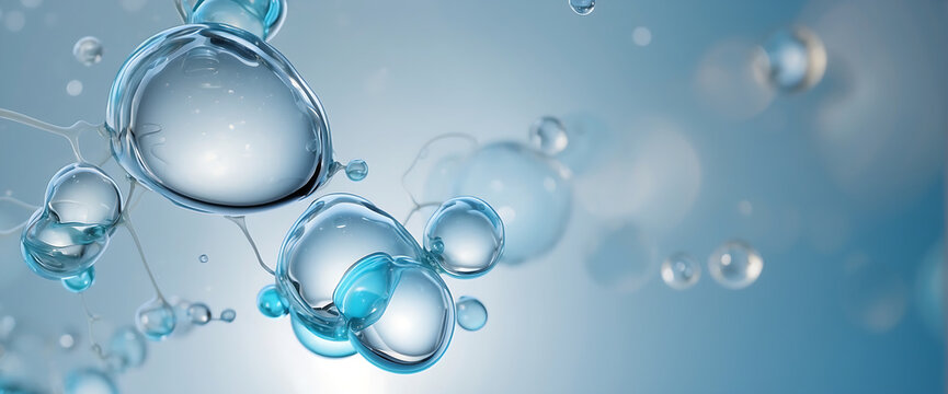 Molecule liquid bubbles floating in air on blue background. H2 Molecular Hydrogen Gas Science and Medical Background