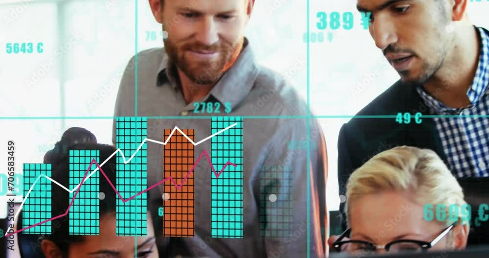 Aufkleber animation of data processing and diagrams over diverse business people discussing work