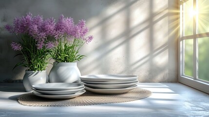 all white plates, on a white table with a white background, white vase with plants, simple, minimalism