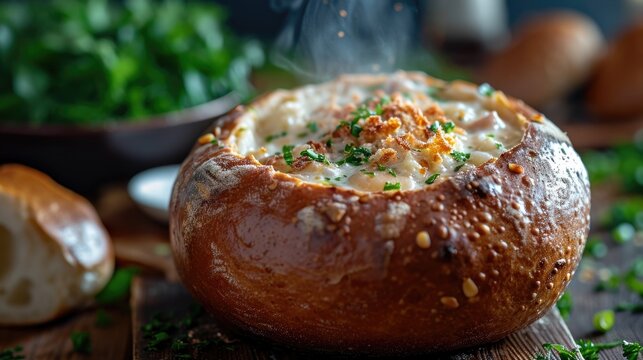 Food photography, clam chowder in a sourdough bread bowl served on an elegant, dark wooden table
