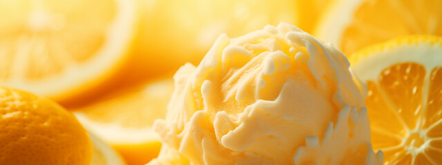 Lemon ice cream. Homemade citrus lemon ice cream with mint close-up - obrazy, fototapety, plakaty