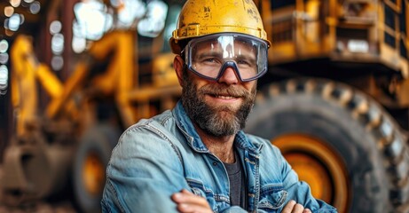 Bearded Civil Engineer Wearing Protective Goggles And Smiling At Camera On Construction Site on a Sunny Day While Heavy Machinery Working