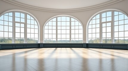 Empty elegant spacious room with big windows, empty banquet hall  warm sunlight, and wooden floors.
