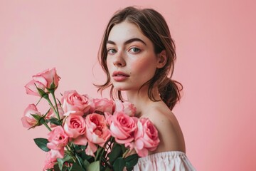 Beautiful young woman holding a bouquet of roses, pink background, women's day concept. Generative AI