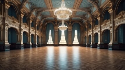 Grand hall with chandeliers, ornate columns, crystal chandelier, large windows, and shiny wooden flooring.