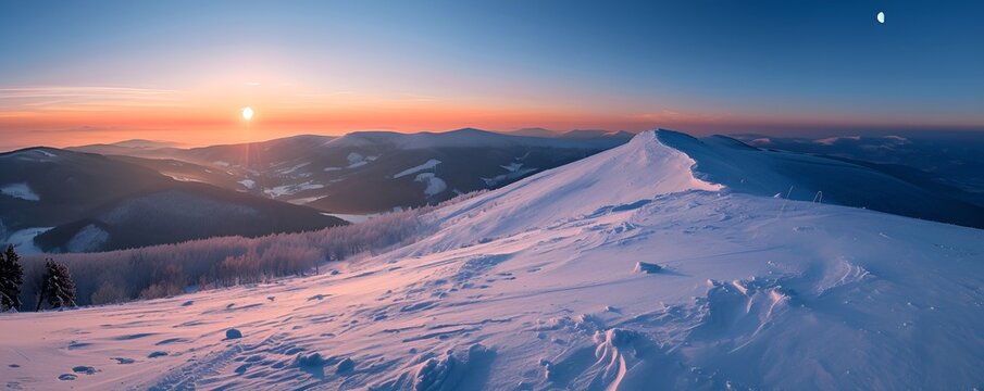 A view of the Bieszczady mountains in winter during the afternoon hours, captured from a hiking trail, showcasing the serene snow-covered landscape and the beauty of the natural surroundings