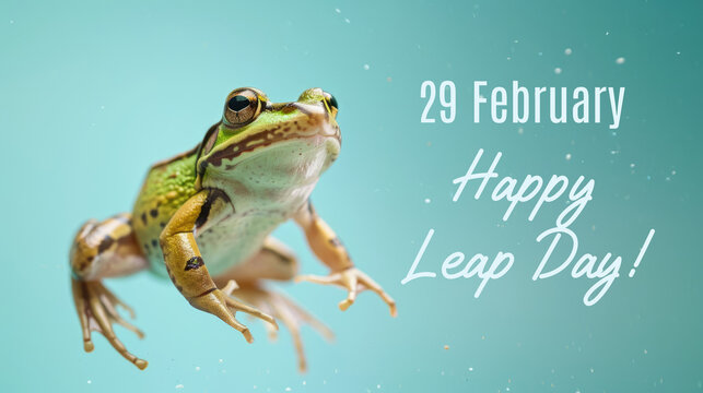 Jumping Green frog on the pastel background. 29 february leap year day concept