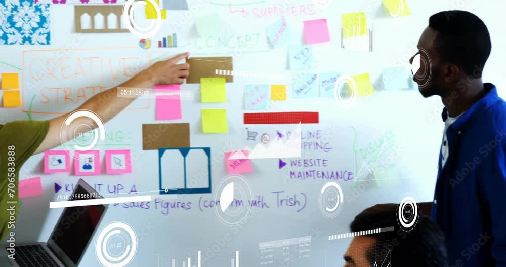 Poster animation of data processing and diagrams over diverse business people discussing work