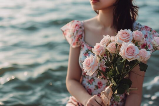 Woman sitting by the sea holding a bouquet of roses, international women's day concept. Generative AI