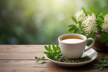 Cup of green tea with blooming flowers on wooden background