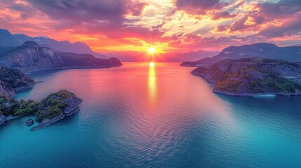 Sea to Sky Highway on Pacific Ocean West Coast. Aerial Panorama. Colorful Sunrise Sky. Located in Howe Sound between Vancouver and Squamish, British Columbia, Canada. - obrazy, fototapety, plakaty