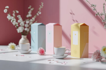Fototapeta na wymiar A minimalist product display featuring geometric shapes, a cup and saucer, and packaging in a harmonious pastel-colored setting, ideal for modern marketing..