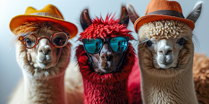 Gruppe positiver Alpakas oder Lamas in verschiedenen Farben, lustige Tiere, die als coole Menschen verkleidet sind
