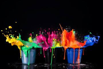 splashes on black background. white bucket with colorful rainbow color paint splashes isolated on white background creative diy handyman renovation concept. Four paint cans splashing different colors  - obrazy, fototapety, plakaty