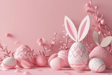 Artistic Easter arrangement with paper-crafted bunny ears and multicolored patterned eggs surrounded by flowers on a soft pink background..