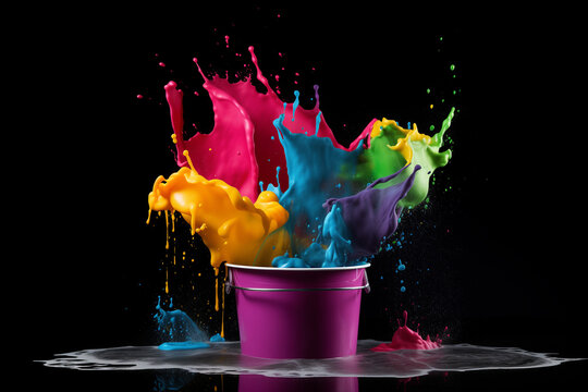splashes on black background. white bucket with colorful rainbow color paint splashes isolated on white background creative diy handyman renovation concept. Four paint cans splashing different colors 