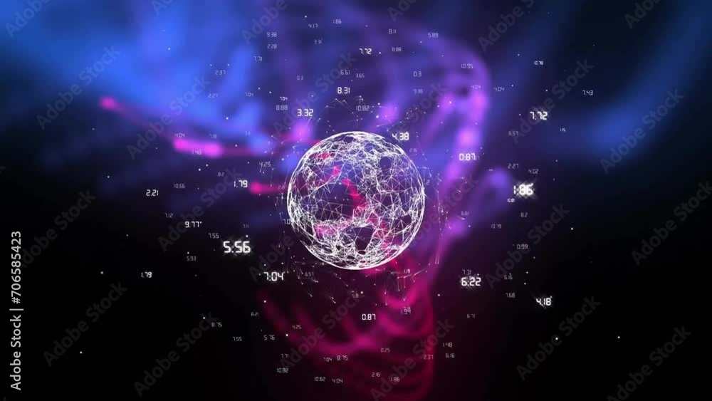Poster animation of data processing and globse over black background