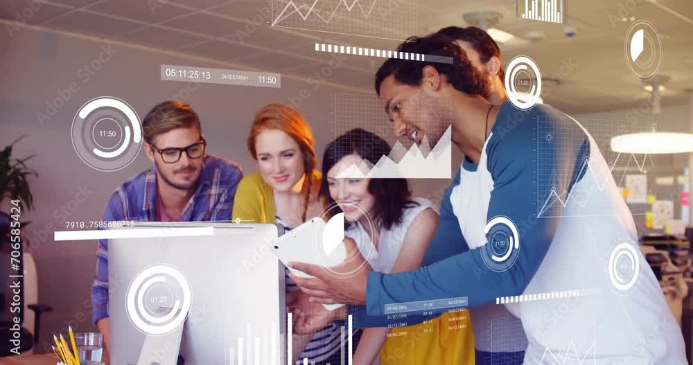 Poster animation of data processing and diagrams over diverse business people discussing work