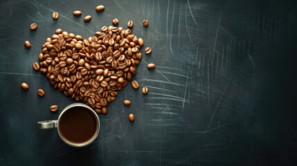Coffee cup with heart made from coffee beans on black chalkboard background - obrazy, fototapety, plakaty