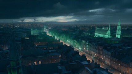 Obraz premium Emerald Twilight: Saint Patrick's Day in the City AI-Generative
