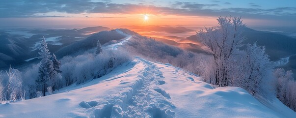 A view of the Bieszczady mountains in winter during the afternoon hours, captured from a hiking trail, showcasing the serene snow-covered landscape and the beauty of the natural surroundings - obrazy, fototapety, plakaty