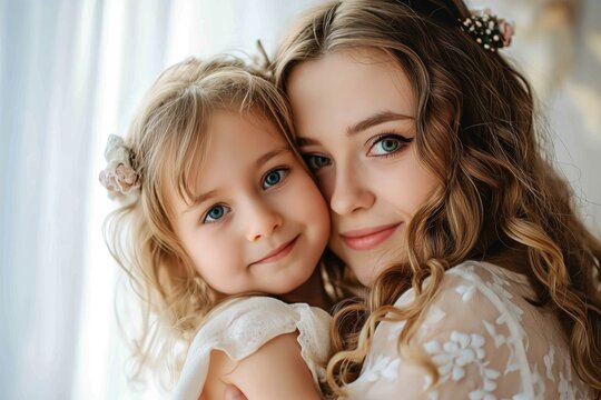 This image captures the beauty of sisterhood with two young girls, siblings, sharing a close, joyful embrace, their eyes shining with happiness and love..