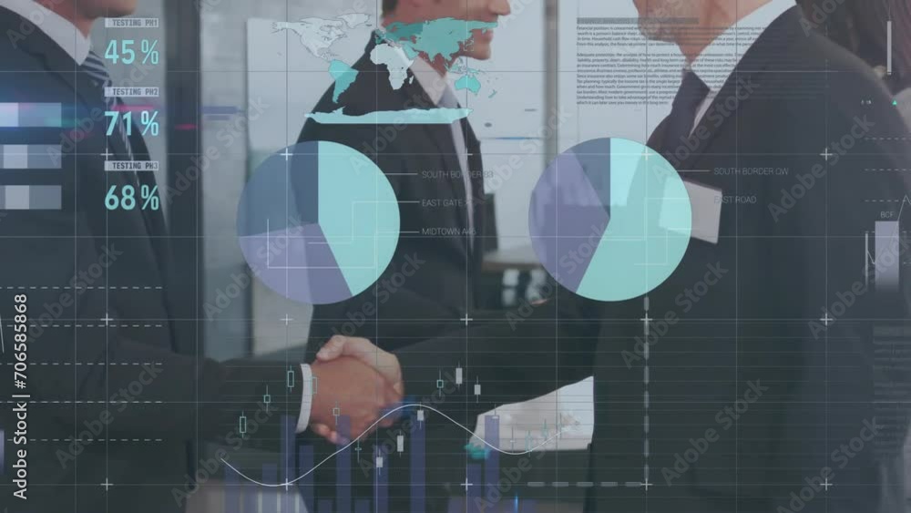 Sticker animation of data processing and diagrams over diverse business people shaking hands