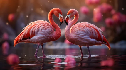 Fotobehang Couple of pink flamingos in love standing in water on festive background with flowers © olympuscat