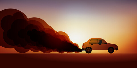 Fototapeta na wymiar Concept de la protection de l’environnement et du dérèglement climatique avec le symbole d’une voiture qui pollue l’air avec ses gaz d’échappement.