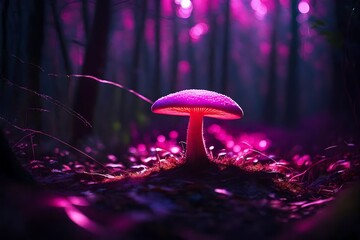 Mysterious neon mushrooms beautifully glowing in a dark forest. Bioluminescent pink mushrooms glow -  Enchanted beauty of nature.