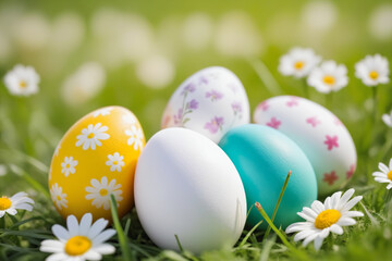Fototapeta na wymiar Close-up shot of colorful and white Easter eggs over spring meadow background