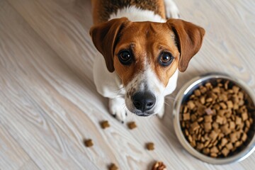 An attentive Jack Russell Terrier looks up expectantly, waiting to eat from a full bowl of dog food...