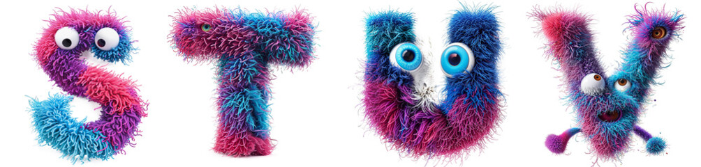 Group of letters furry monsters S, T, U, V Funny fluffy wool alphabet isolated on transparent background - obrazy, fototapety, plakaty