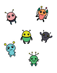 Cute Kawaii style space alien bugs illustrations,  minimalist vector icons set, black outline, bold lines, flat icons, smiling characters for kids babies toddlers teachers, kid friendly stickers